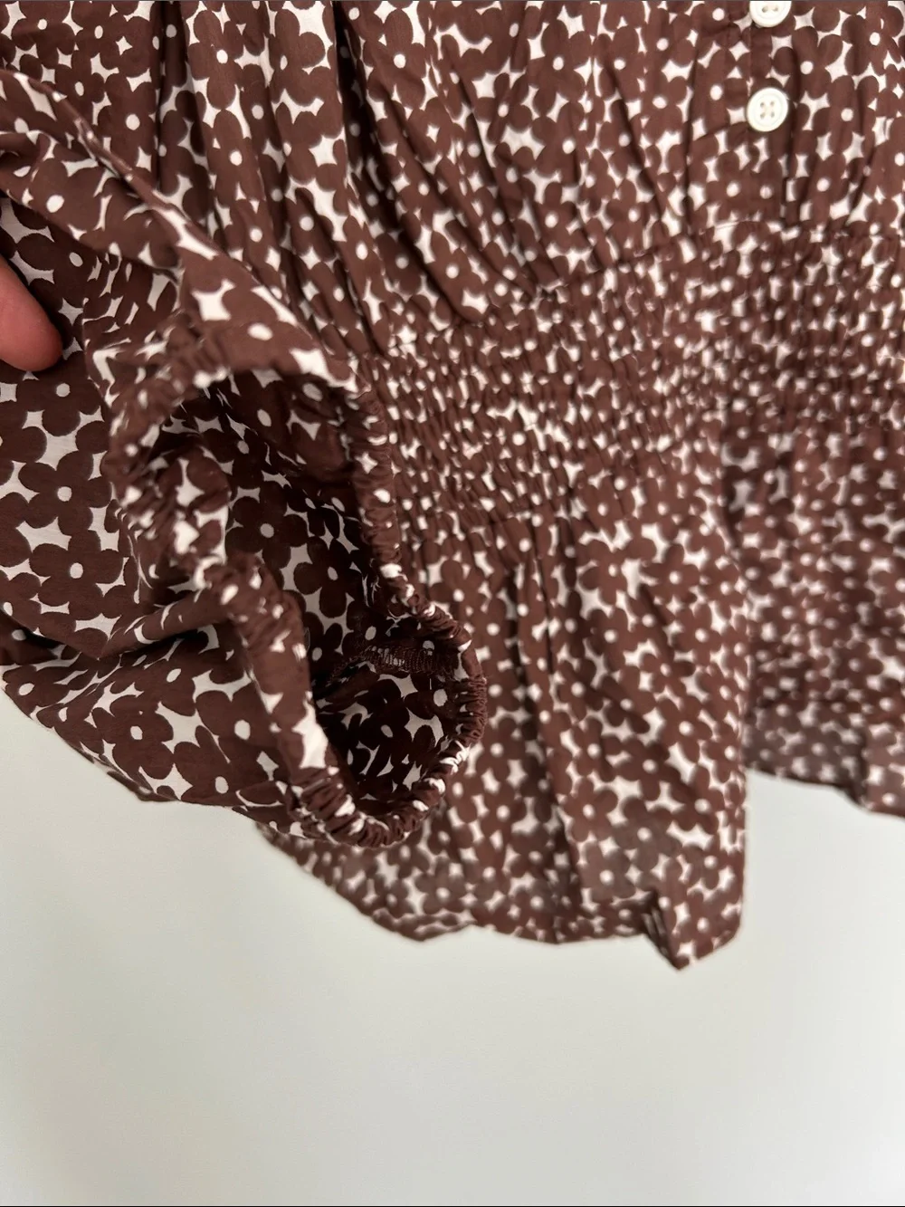 J. Crew Brown and White Printed Smocked Waist Blouse